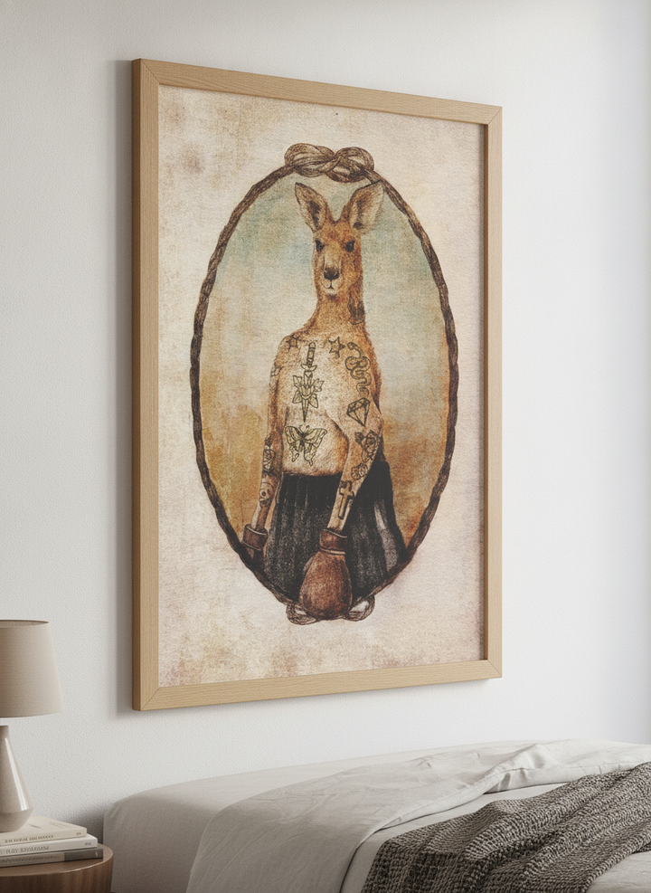 Minimalist artwork displayed in a calm, light-filled bedroom interior