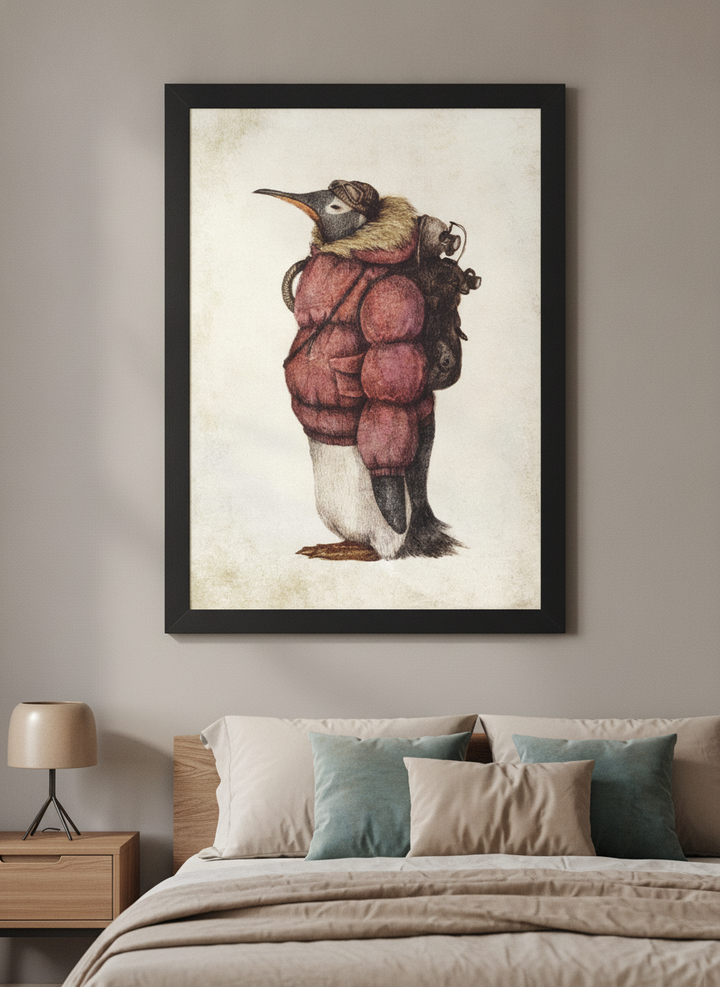 Minimalist artwork displayed in a calm, light-filled bedroom interior