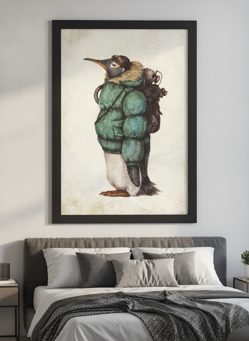Minimalist artwork displayed in a calm, light-filled bedroom interior