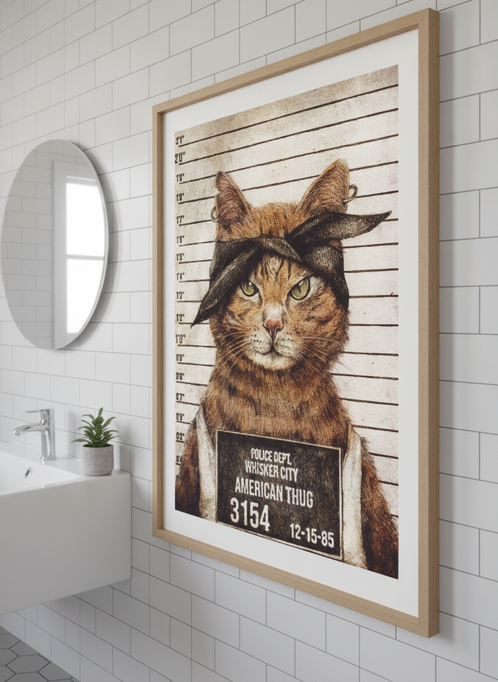 Modern print displayed in a clean minimalist bathroom setting