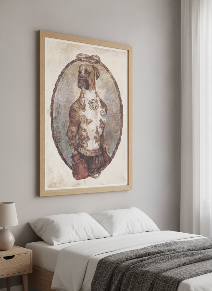 Minimalist artwork displayed in a calm, light-filled bedroom interior