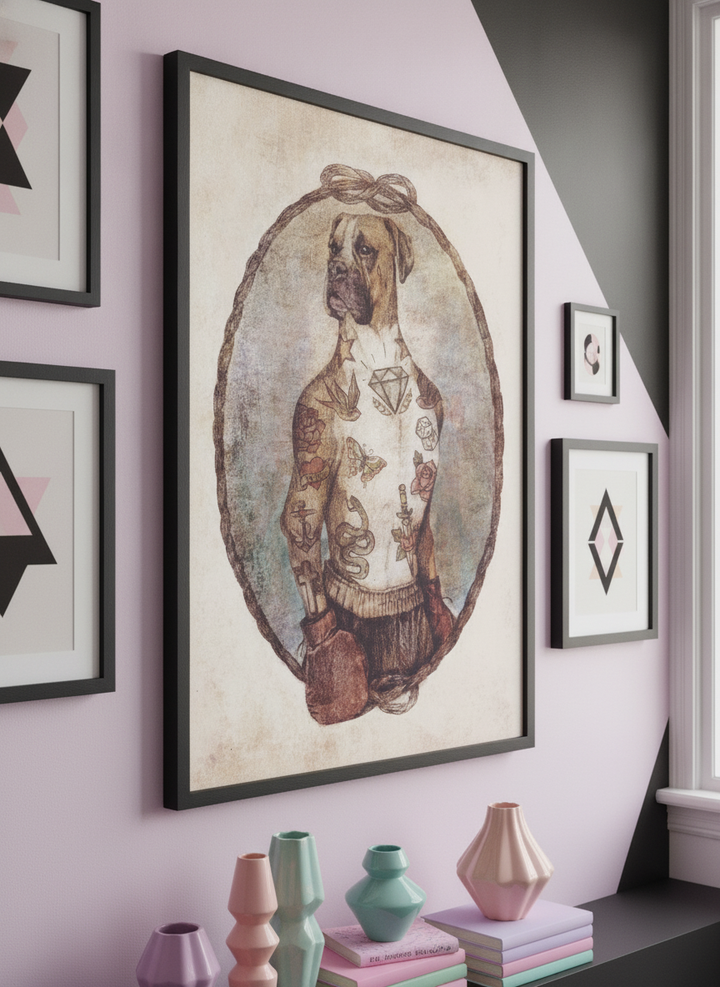 Bold wall art styled in a colourful, eclectic modern home