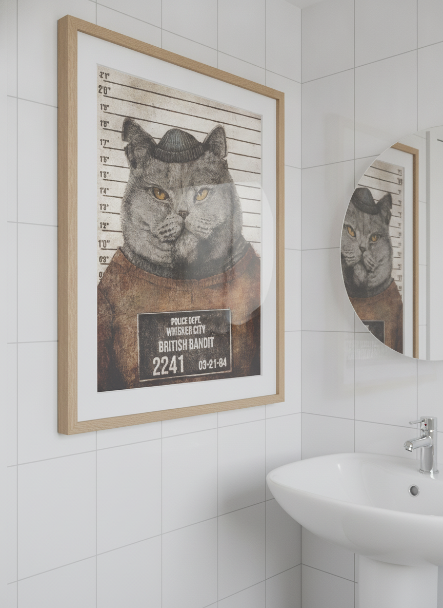 Modern print displayed in a clean minimalist bathroom setting