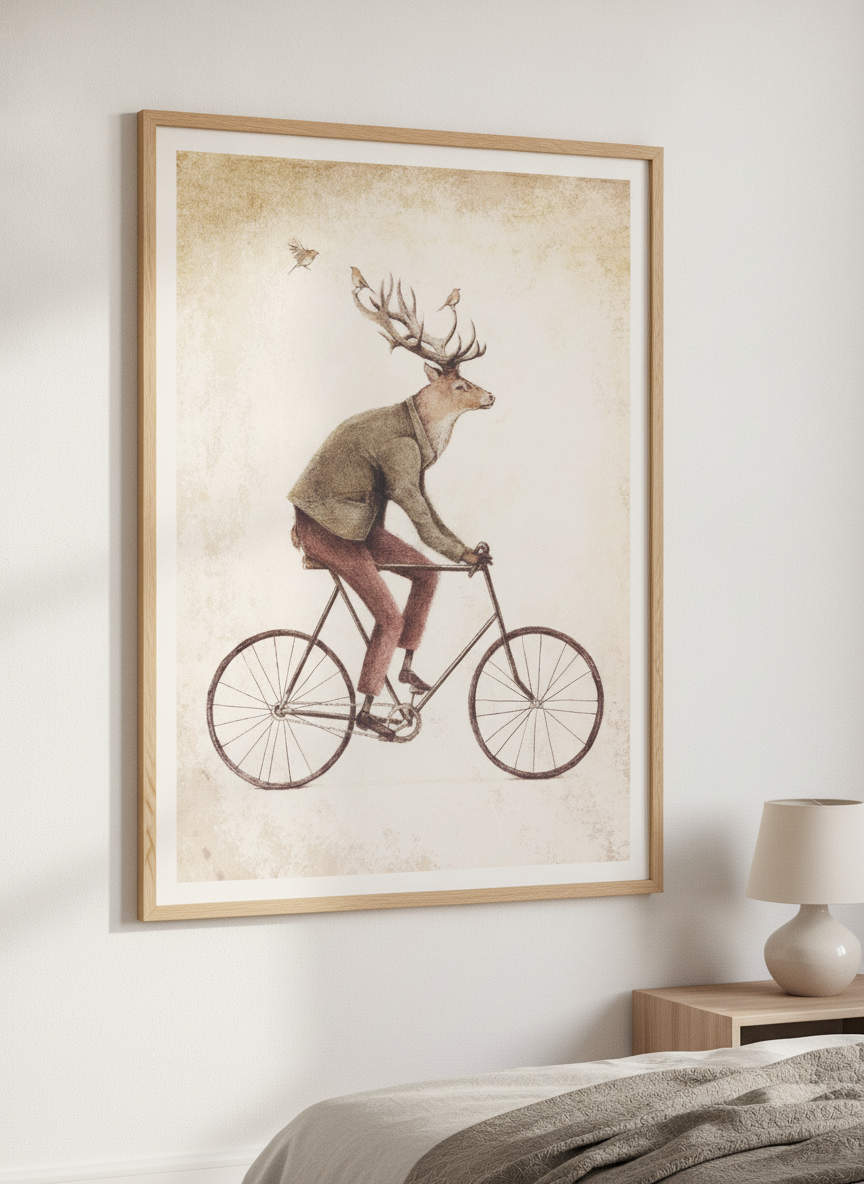 Minimalist artwork displayed in a calm, light-filled bedroom interior
