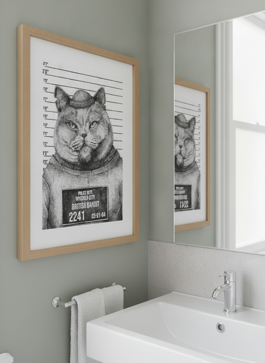 Modern print displayed in a clean minimalist bathroom setting