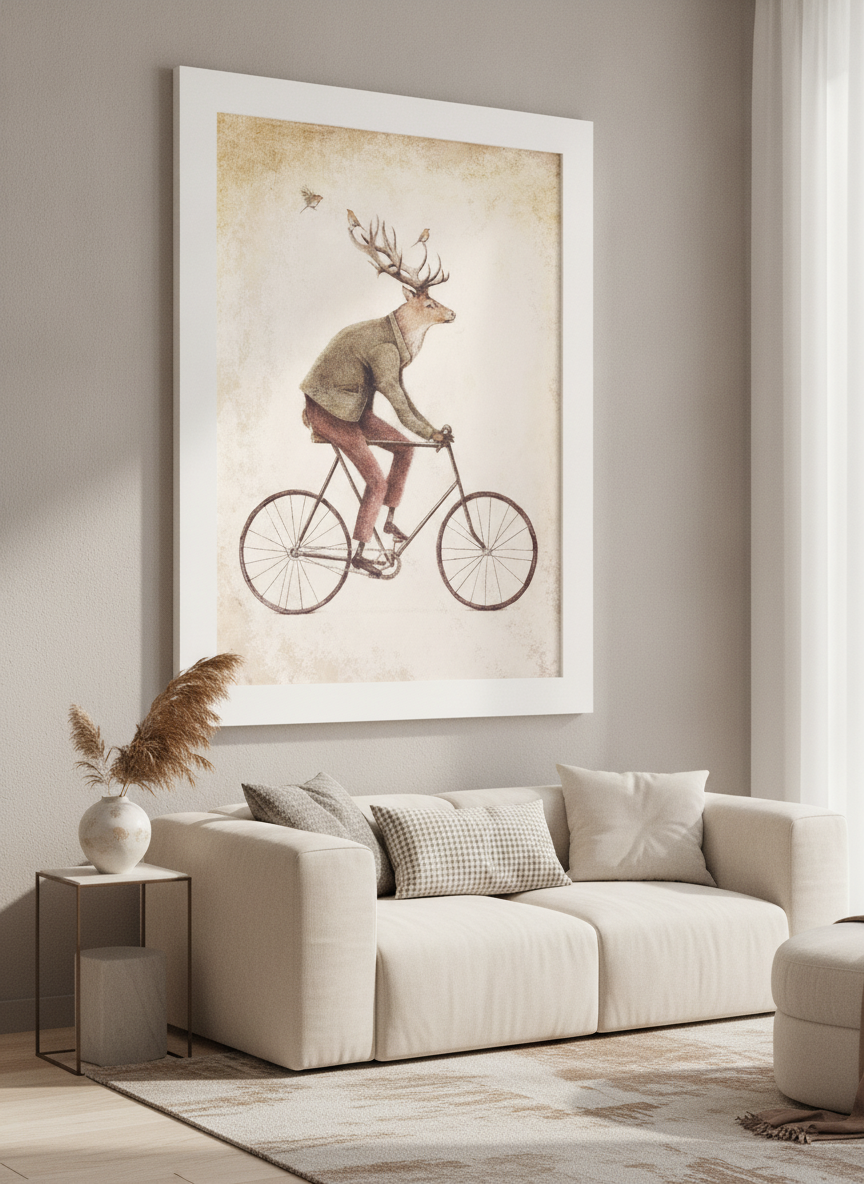 Modern wall art styled above a sofa in a neutral living room