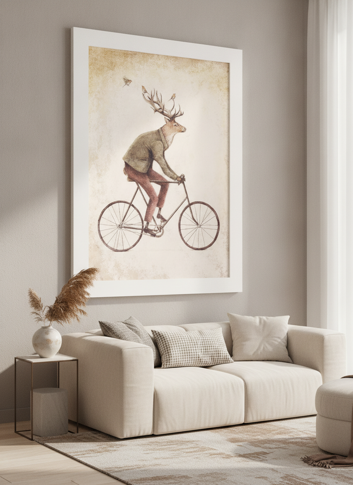 Modern wall art styled above a sofa in a neutral living room
