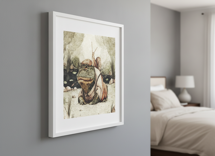 Minimalist artwork displayed in a calm, light-filled bedroom interior