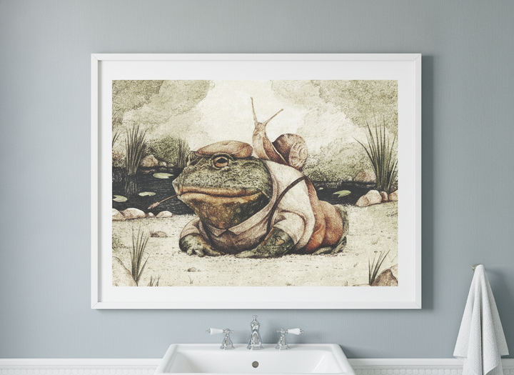 Modern print displayed in a clean minimalist bathroom setting