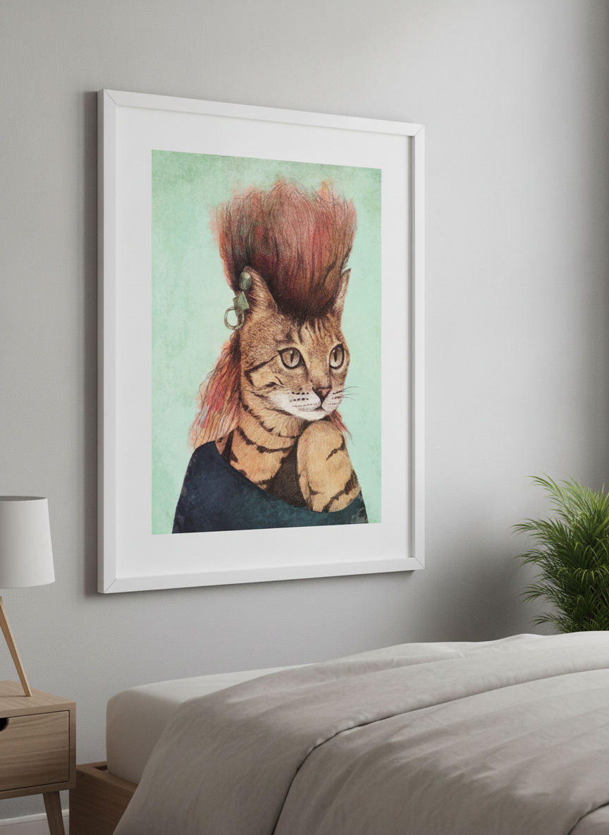 Minimalist artwork displayed in a calm, light-filled bedroom interior