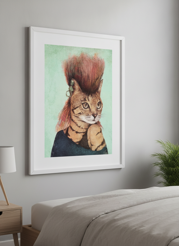 Minimalist artwork displayed in a calm, light-filled bedroom interior