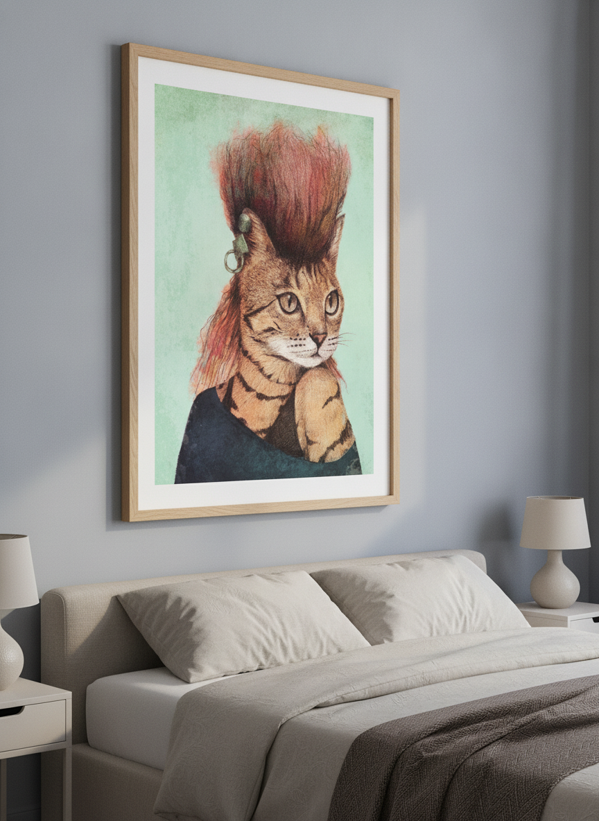 Minimalist artwork displayed in a calm, light-filled bedroom interior