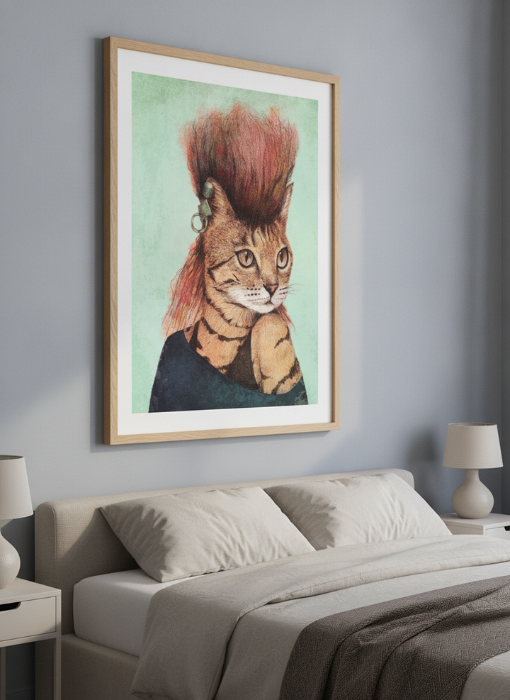 Minimalist artwork displayed in a calm, light-filled bedroom interior