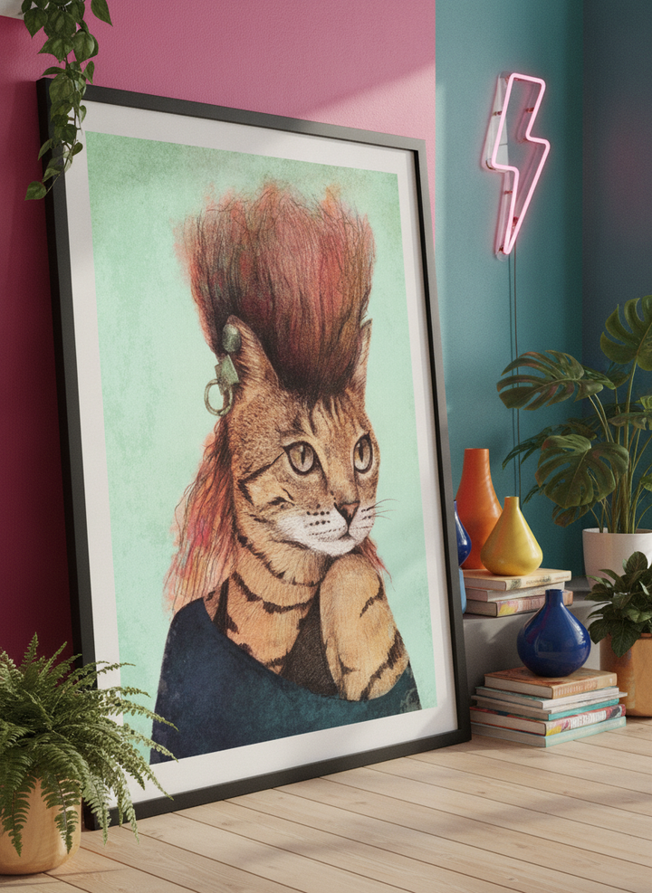 Bold wall art styled in a colourful, eclectic modern home