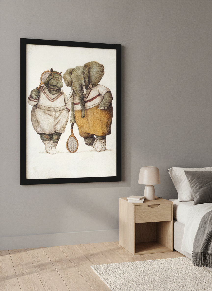 Minimalist artwork displayed in a calm, light-filled bedroom interior