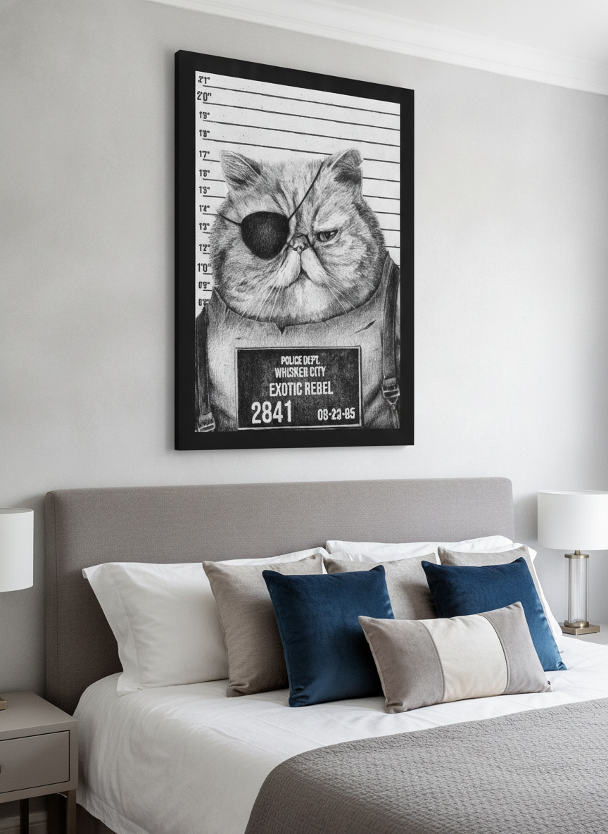 Minimalist artwork displayed in a calm, light-filled bedroom interior