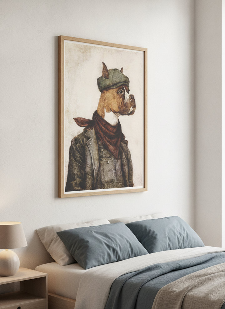 Minimalist artwork displayed in a calm, light-filled bedroom interior