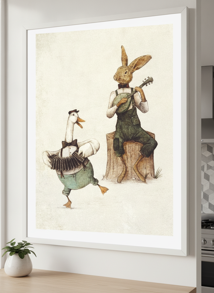 Artwork styled on the wall of a bright modern kitchen
