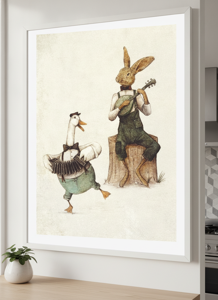Artwork styled on the wall of a bright modern kitchen