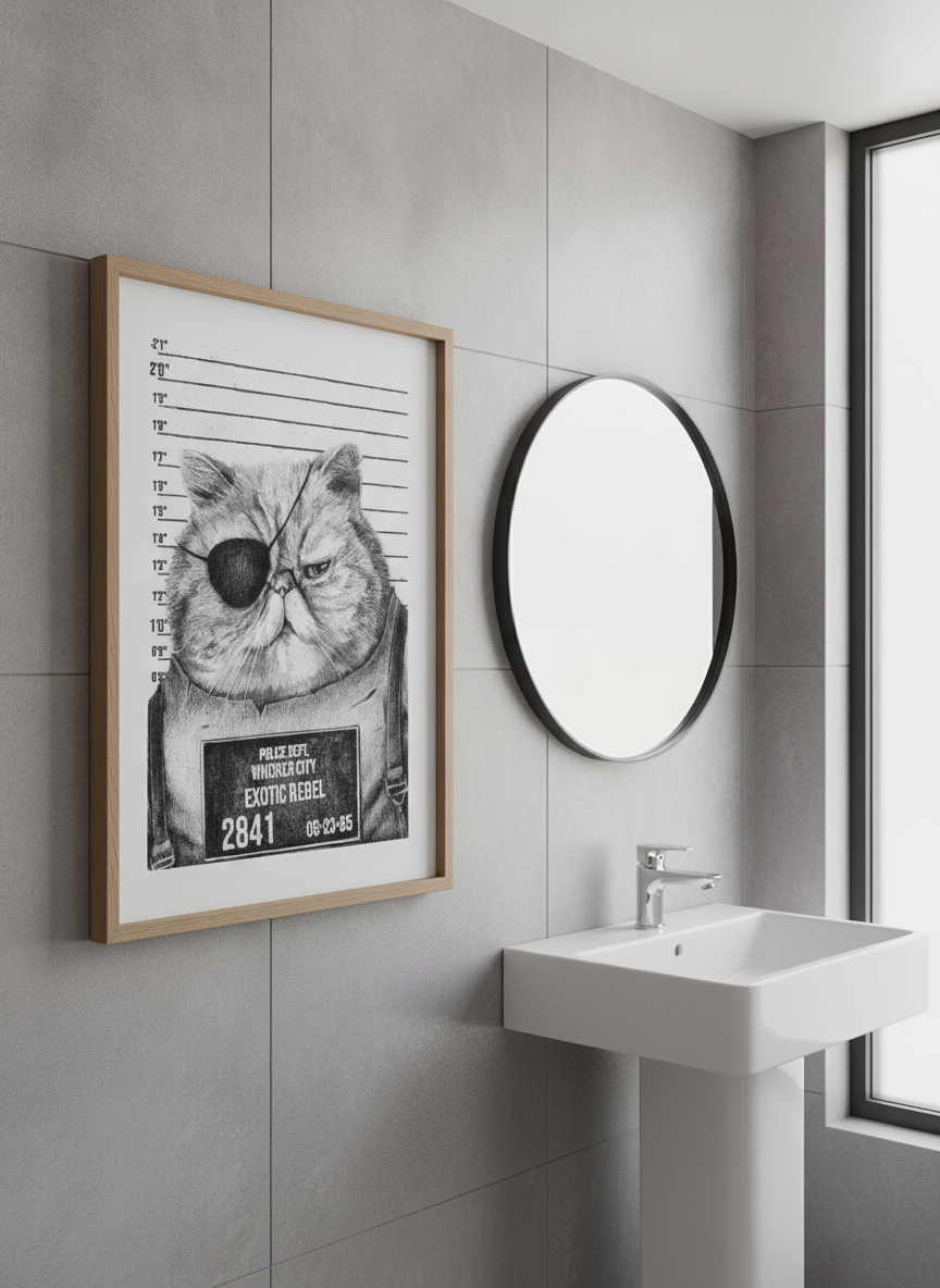 Modern print displayed in a clean minimalist bathroom setting