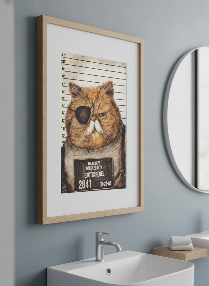 Modern print displayed in a clean minimalist bathroom setting