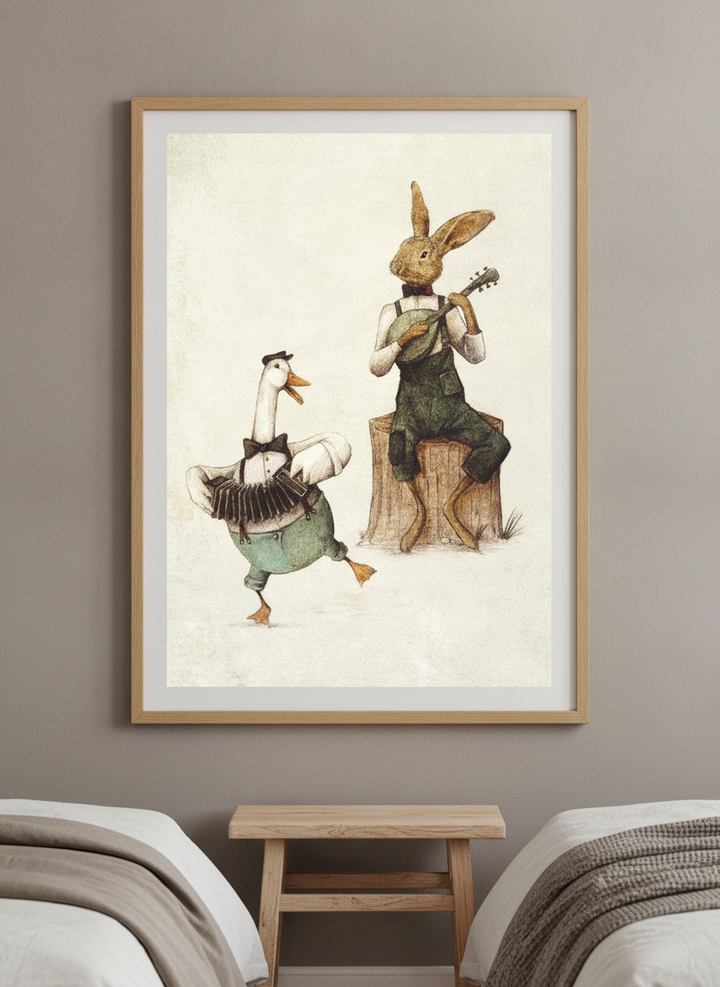 Minimalist artwork displayed in a calm, light-filled bedroom interior