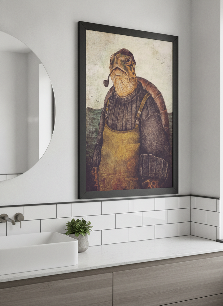 Modern print displayed in a clean minimalist bathroom setting