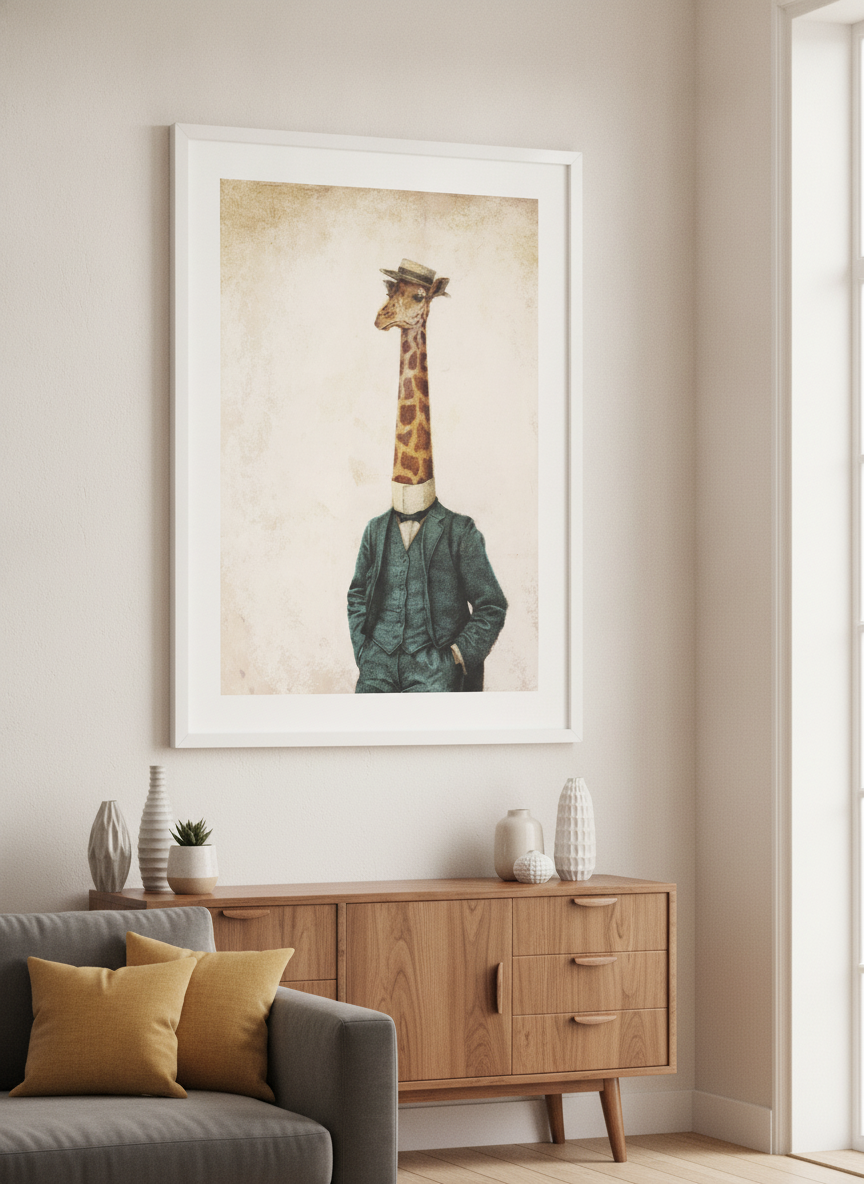 Modern wall art styled above a sofa in a neutral living room