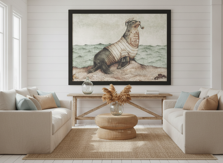 Neutral wall art displayed in a sunny coastal beach house