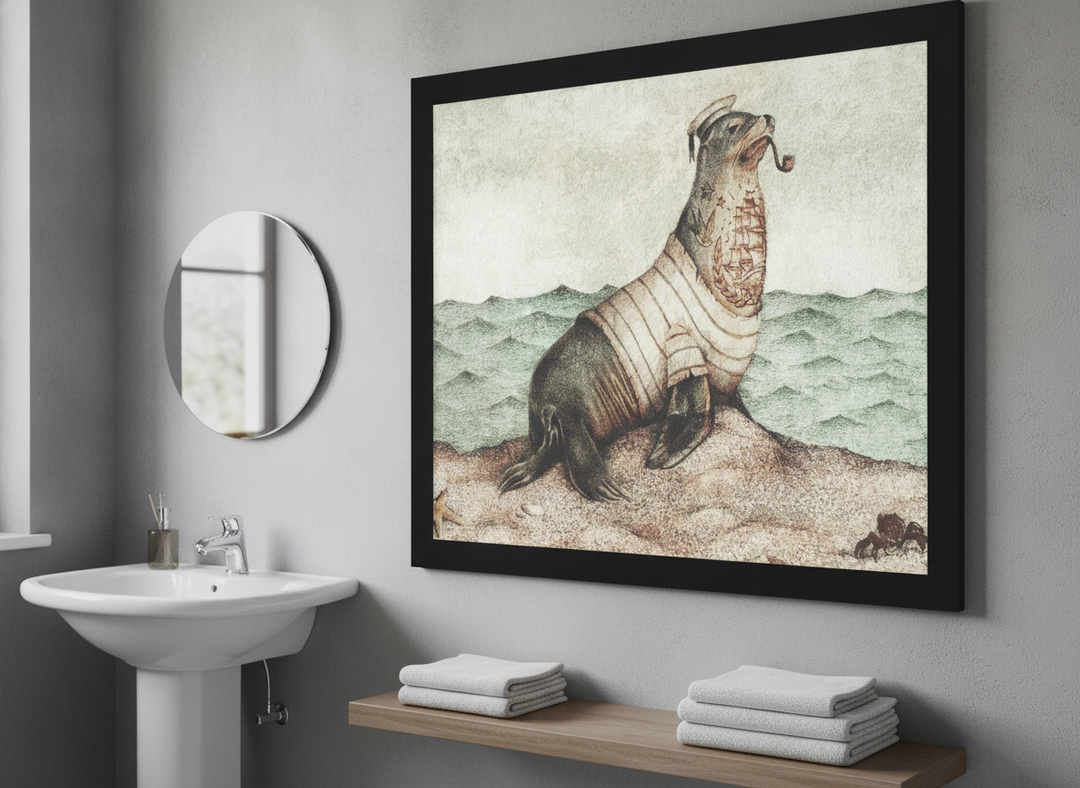 Modern print displayed in a clean minimalist bathroom setting