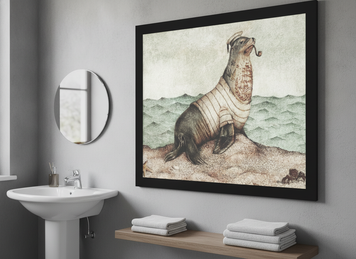 Modern print displayed in a clean minimalist bathroom setting