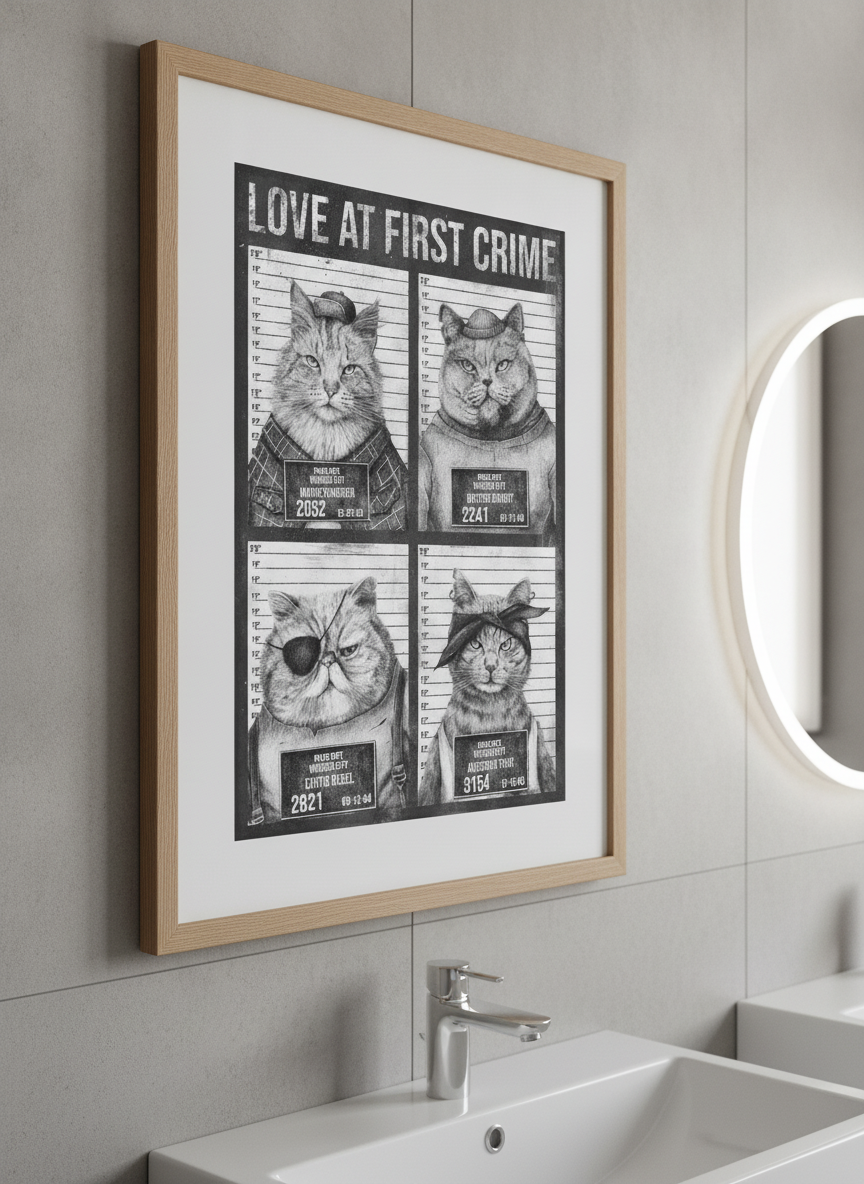 Modern print displayed in a clean minimalist bathroom setting