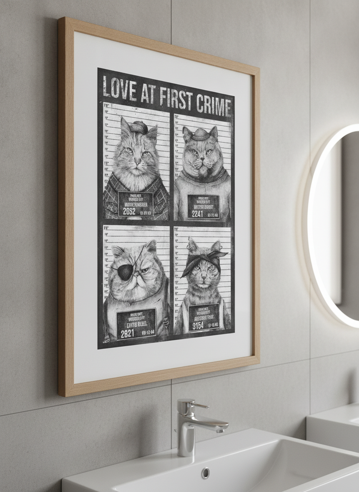 Modern print displayed in a clean minimalist bathroom setting