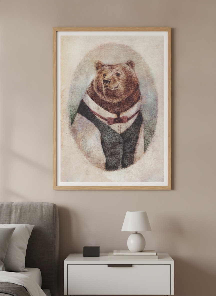 Minimalist artwork displayed in a calm, light-filled bedroom interior