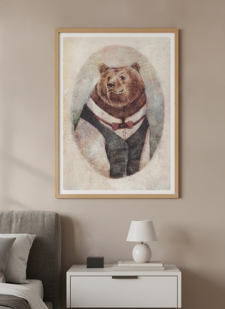 Minimalist artwork displayed in a calm, light-filled bedroom interior