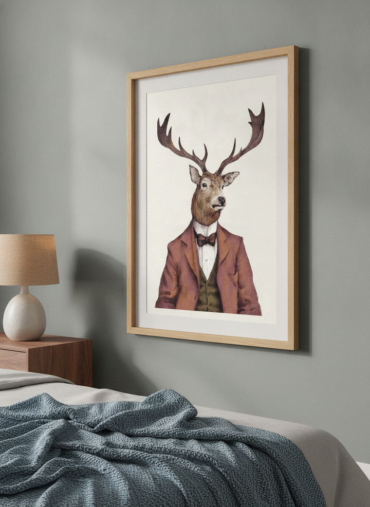 Minimalist artwork displayed in a calm, light-filled bedroom interior