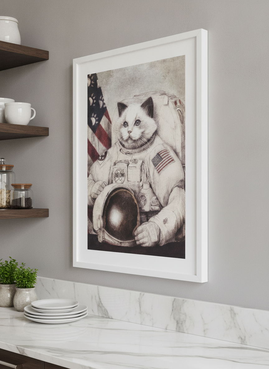 Artwork styled on the wall of a bright modern kitchen