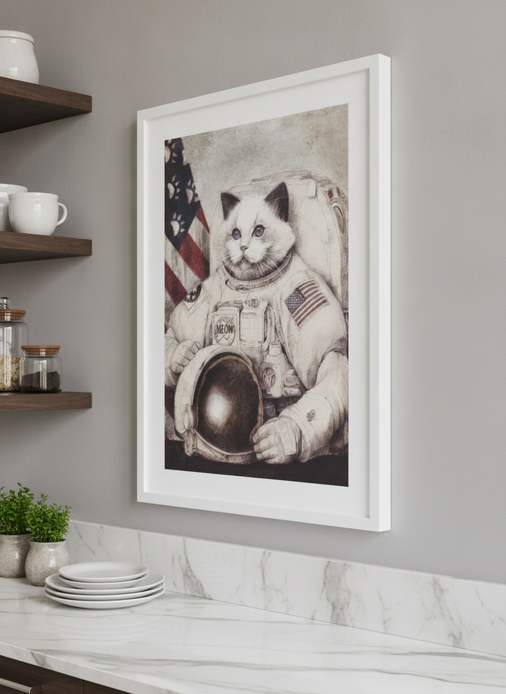 Artwork styled on the wall of a bright modern kitchen