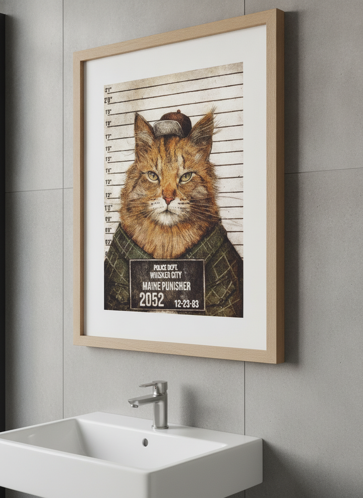 Modern print displayed in a clean minimalist bathroom setting