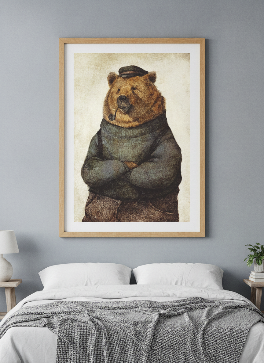 Minimalist artwork displayed in a calm, light-filled bedroom interior
