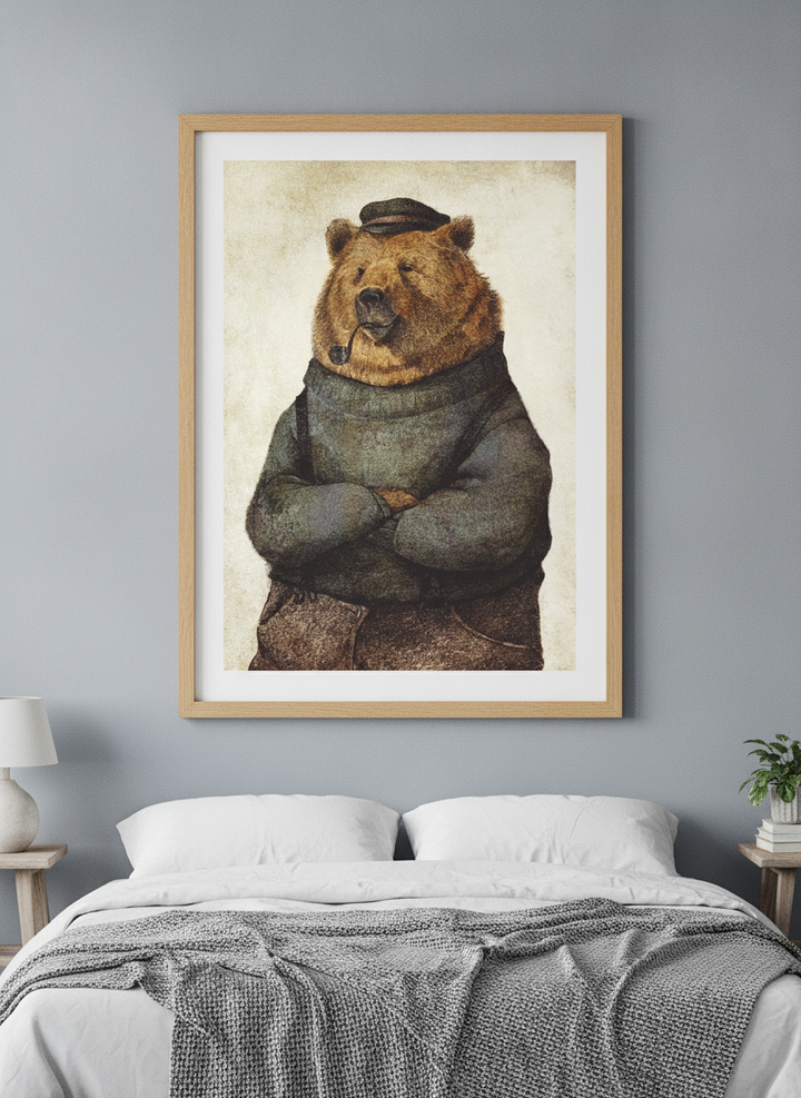 Minimalist artwork displayed in a calm, light-filled bedroom interior