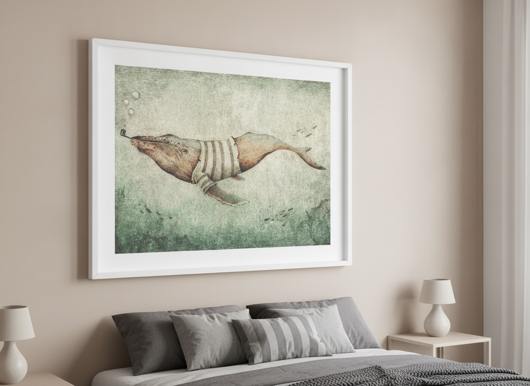 Minimalist artwork displayed in a calm, light-filled bedroom interior