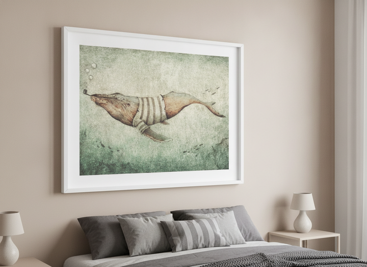Minimalist artwork displayed in a calm, light-filled bedroom interior