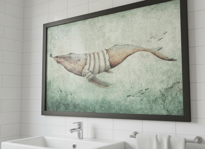Modern print displayed in a clean minimalist bathroom setting