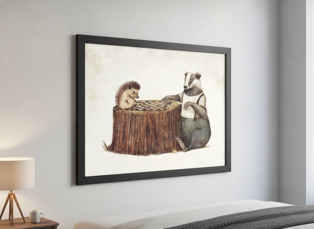 Minimalist artwork displayed in a calm, light-filled bedroom interior