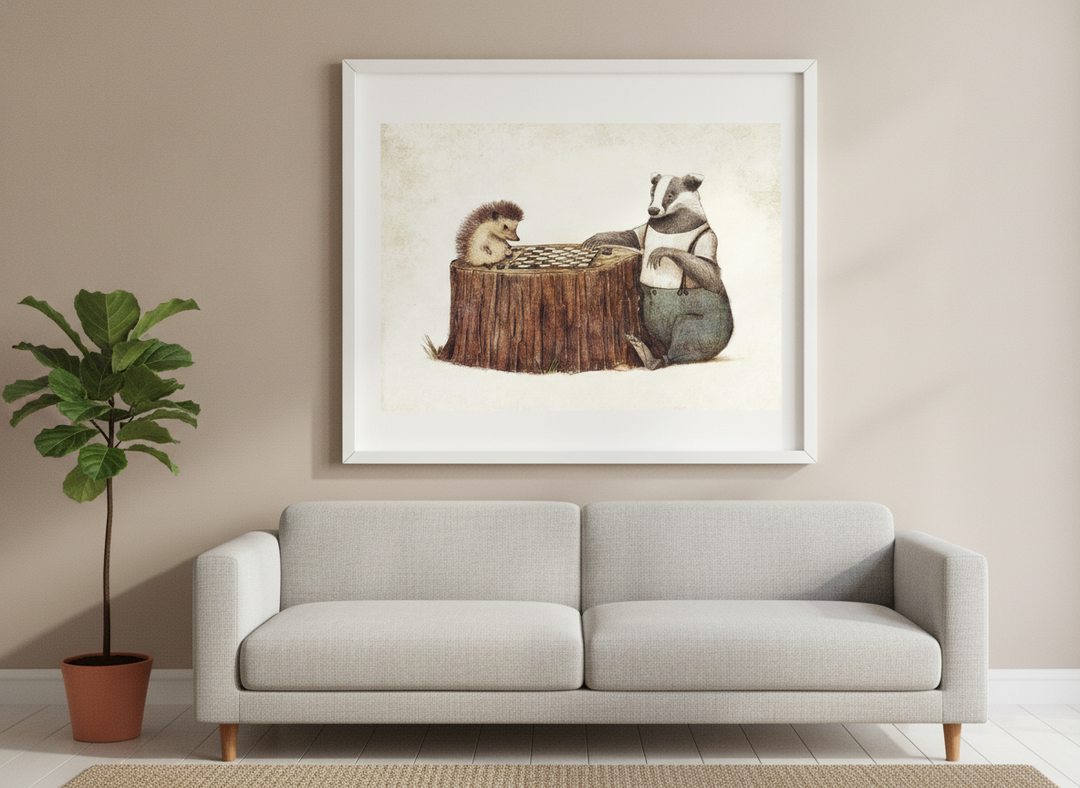 Modern wall art styled above a sofa in a neutral living room