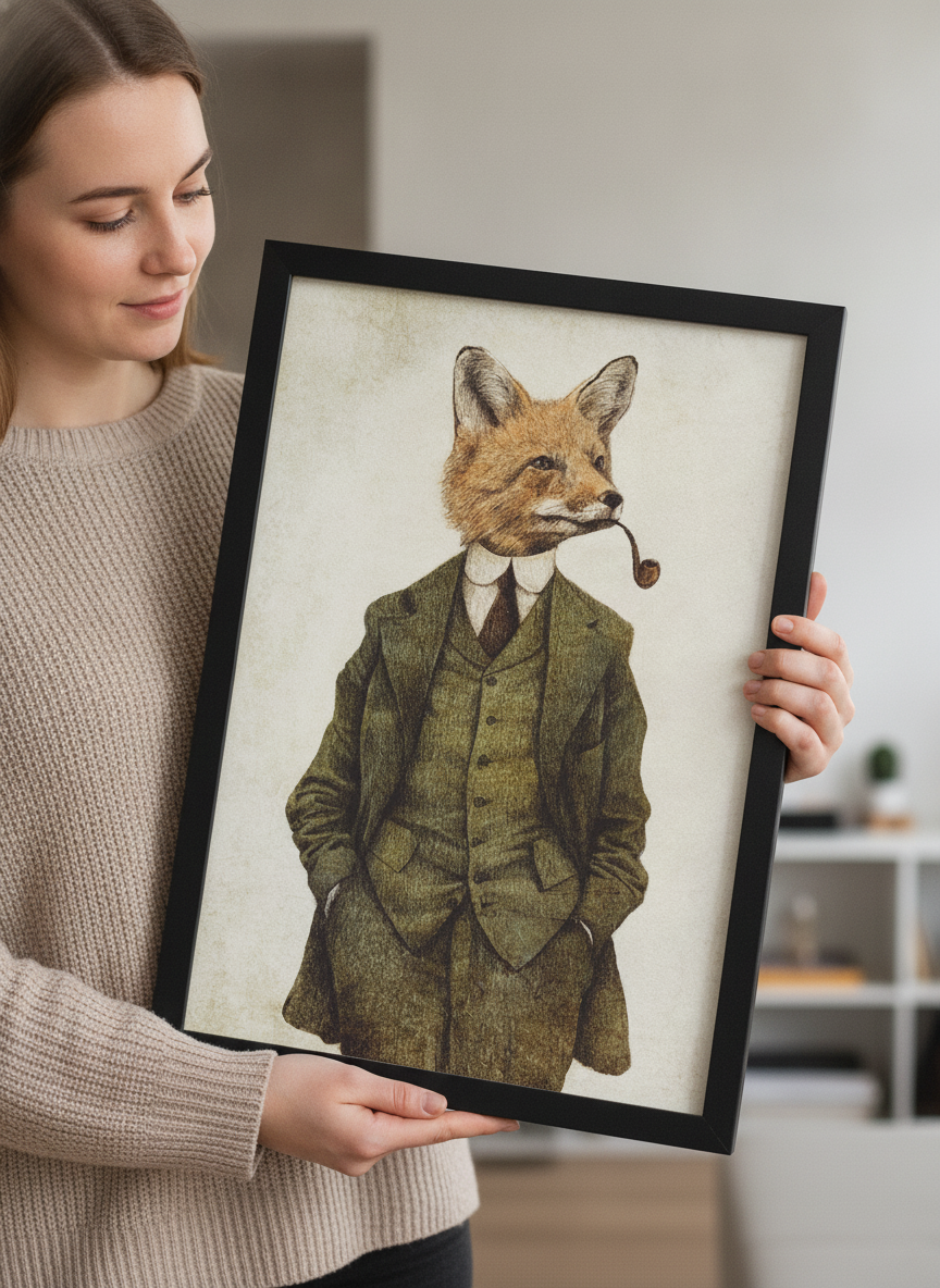 Person showcasing the artwork against a clean modern interior wall