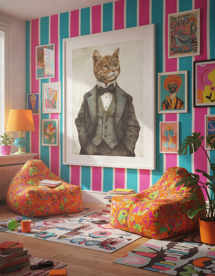 Bold wall art styled in a colourful, eclectic modern home
