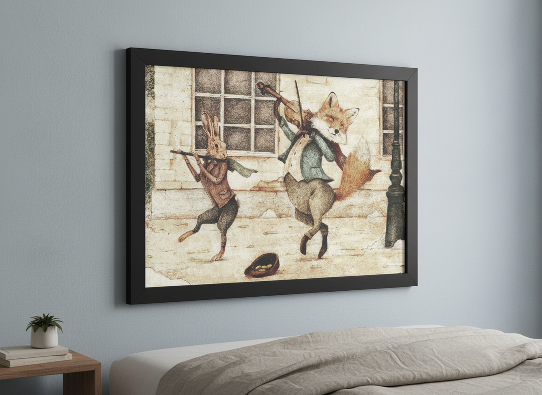 Minimalist artwork displayed in a calm, light-filled bedroom interior