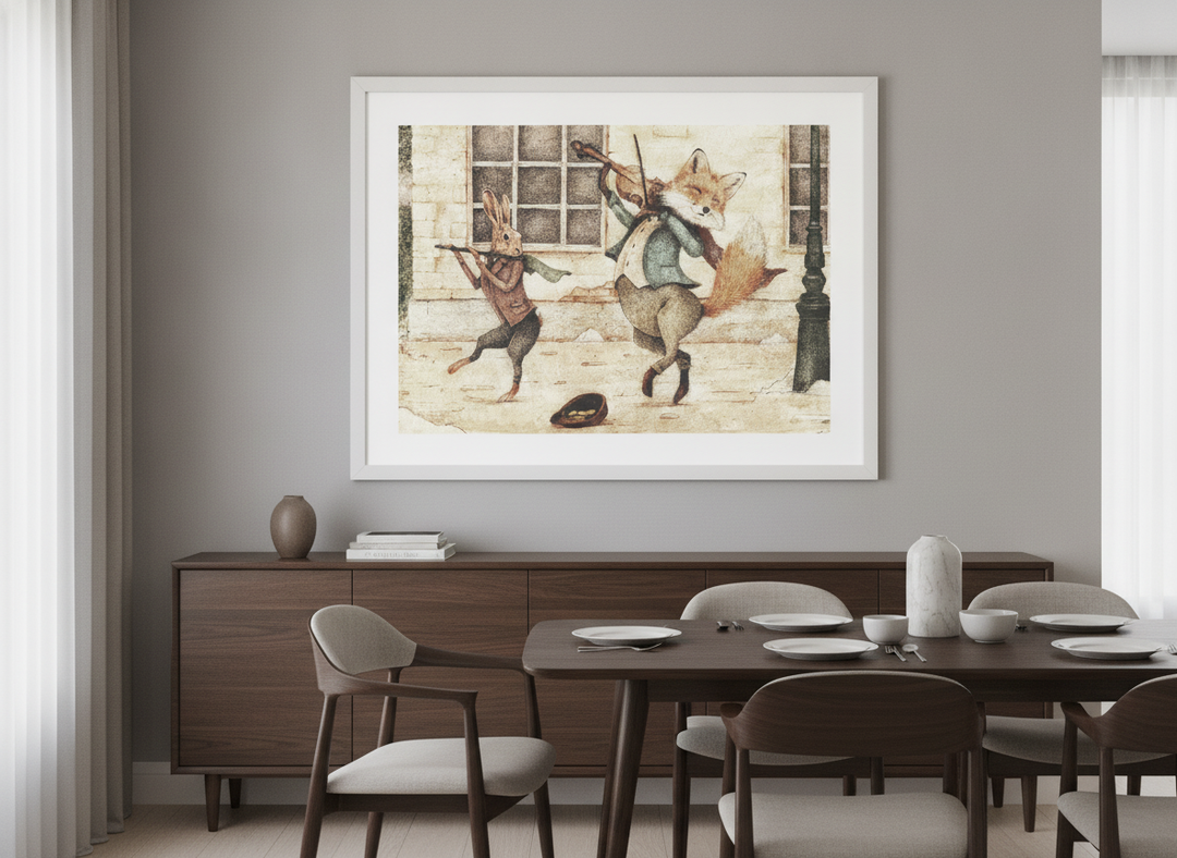 Wall art styled above a dining table in a contemporary home